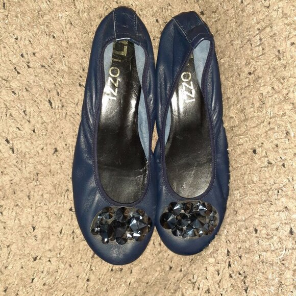 Vintage Y2k LOZZI-Navy Leather Ballet Flats/Pyramid Studs-Italy-Sz 40-Near Mint - Picture 7 of 8